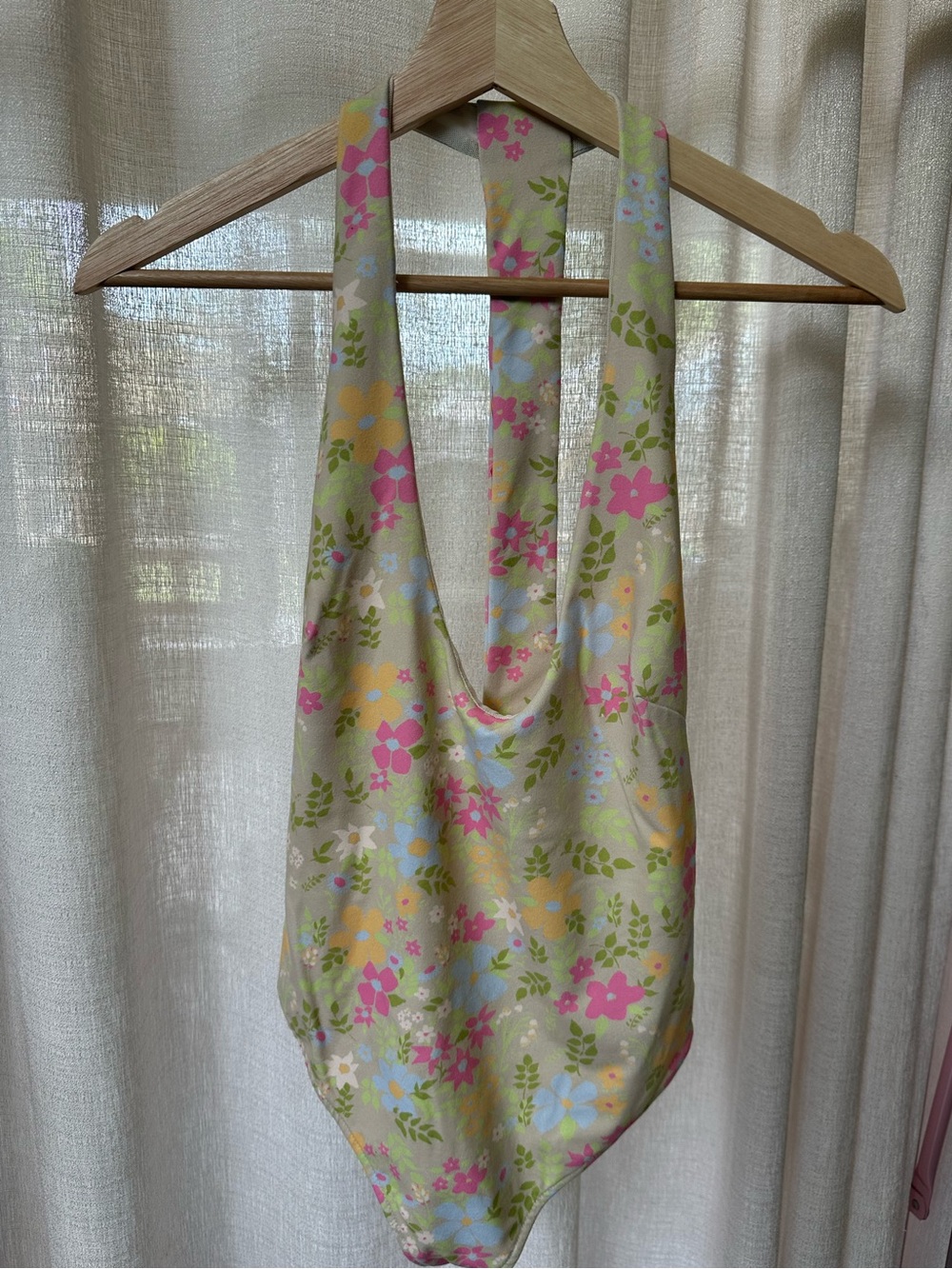 Free People Floral Halter Bodysuit in Green with Pink Accents